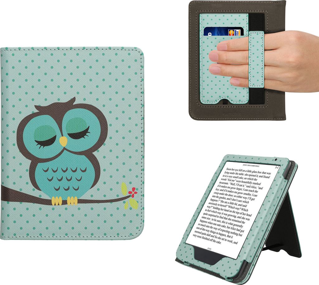 kwmobile Flip Cover kompatibel mit Kobo Clara BW / Clara Colour / Tolino Shine (5) / Shine Color - Hülle mit Handschlaufe Eule Schlaf Türkis Braun