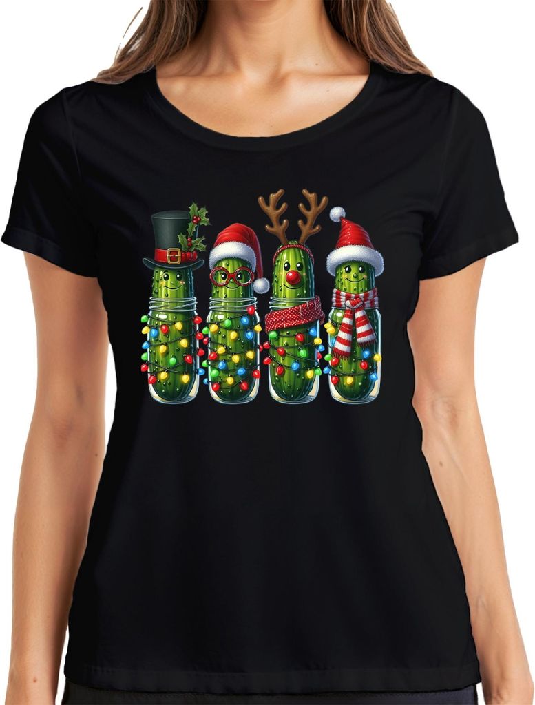 Weihnachtsgurken im Glas Lichterkette Rentier Brille Schal Lustig Damen T-Shirt, Schwarz, S