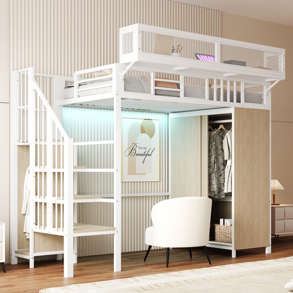 Fortuna Lai Metall-Hochbett 90 × 200 cm Mit Kleiderschrank, Sicherheitsleiter, LED-Beleuchtung und Schutzgittern Aus Netzgewebe Mit Abnehmbaren Re...
