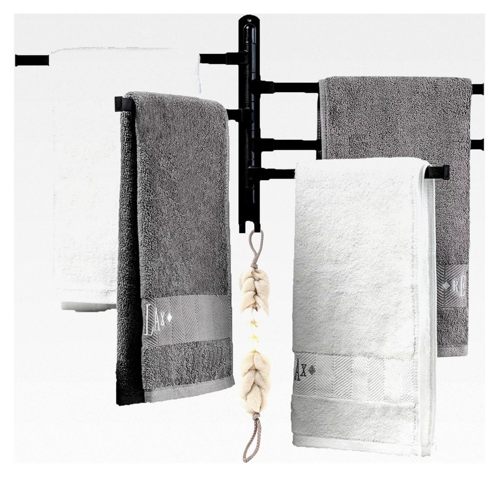 Handtuchhalter ohne Bohren mit 5 Armen, schwarzer Handtuchhalter für das Bad, Edelstahl gebürstet, 180° drehbar, selbstklebender Badetuchhalter ...
