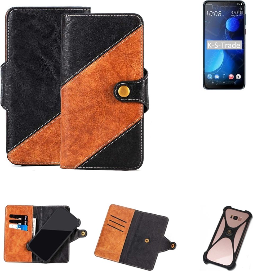 K-S-Trade Handyhülle Schutzhülle Bookstyle Case Wallet-Case kompatibel mit HTC Desire 19+ Handy Cover Bumper Klapphülle schwarz hellbraun 1x