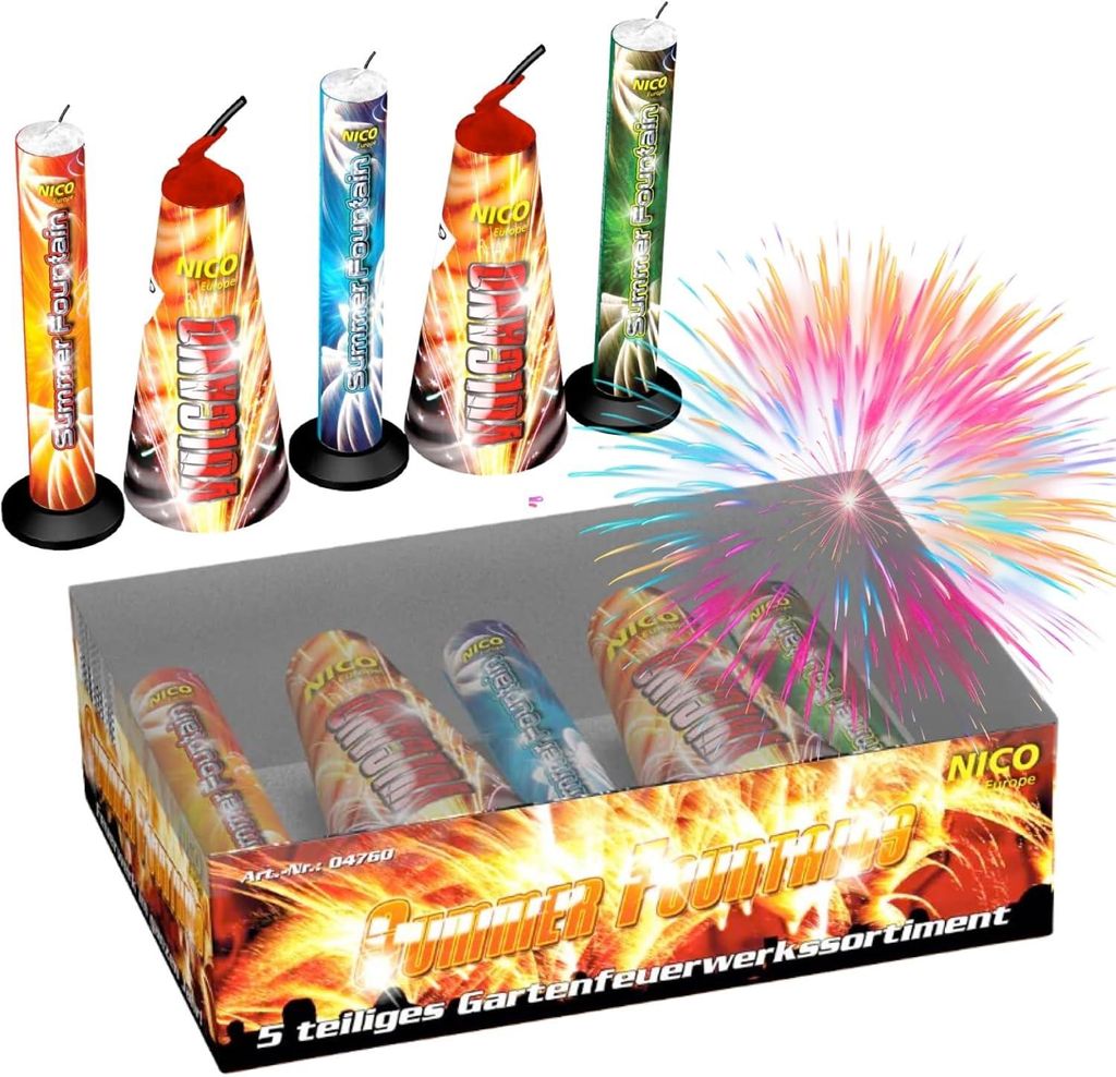A collection of fireworks fountains in a box, with some fountains displayed individually in the background.