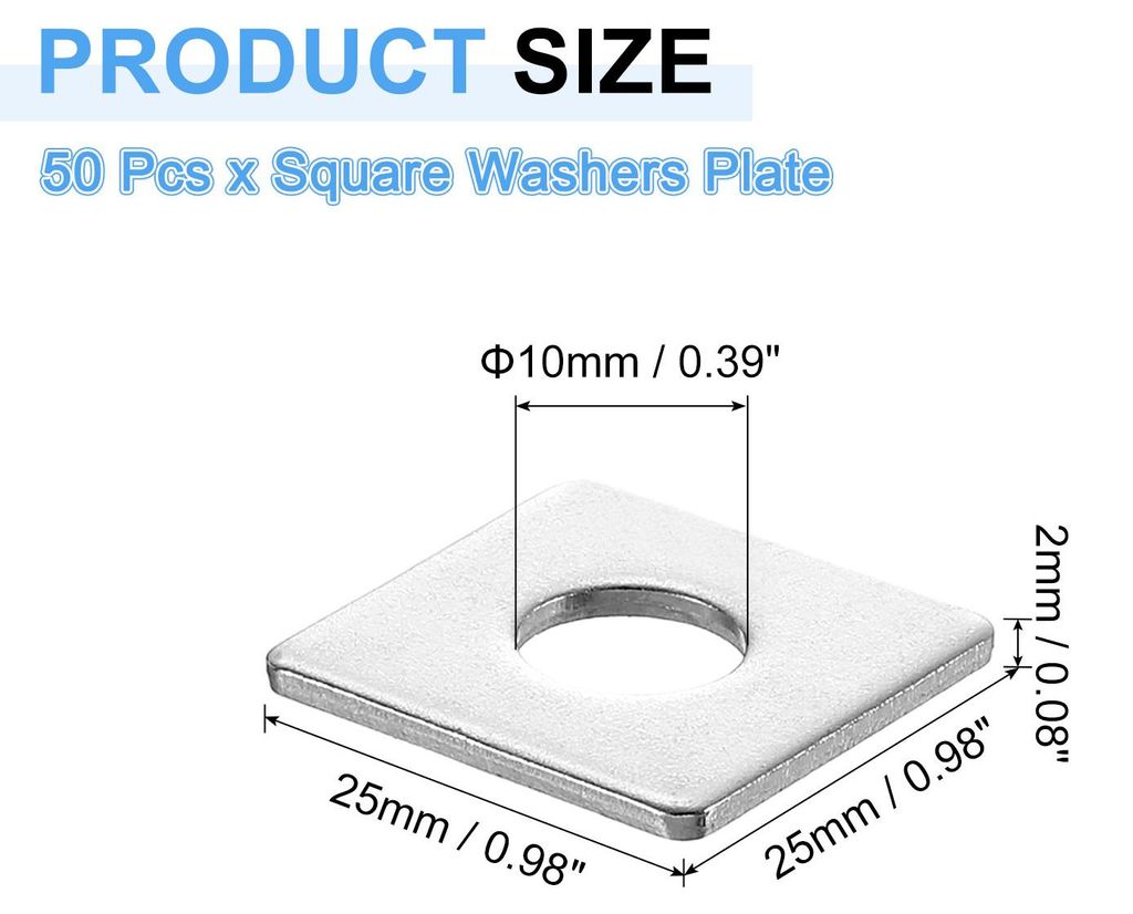 50 Stš¹ck Quadratische Unterlegscheiben M10 x 25 x 25 x 2 mm, 201 Edelstahl Dichtscheiben Silber Wei? Vierkantscheiben, Flache Beilagscheiben fš...