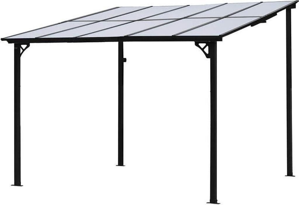 A black metal framed patio canopy with a clear, segmented roof.