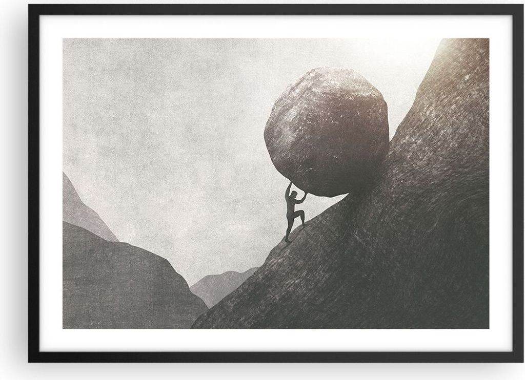Gerahmtes Poster - Schwarzer Rahmen - Sisyphus Arbeit Stein - 70x50 cm - Wand Bild - Wanddeko - Wandbilder - Kunstposter - Wandposter - Bilderrahme...