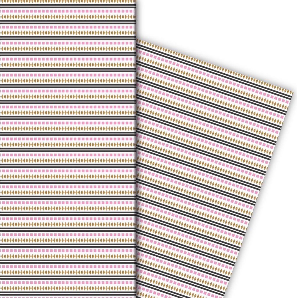 Grafisches Streifen Geschenkpapier mit Rauten, rosa - Produktbild 