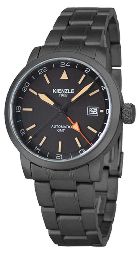 Kienzle Flieger GMT Automatik Uhr 39 mm, TMI NH34 GMT, Saphirglas, IP Schwarz Edelstahlgehäuse, Edelstahlband, 10 ATM