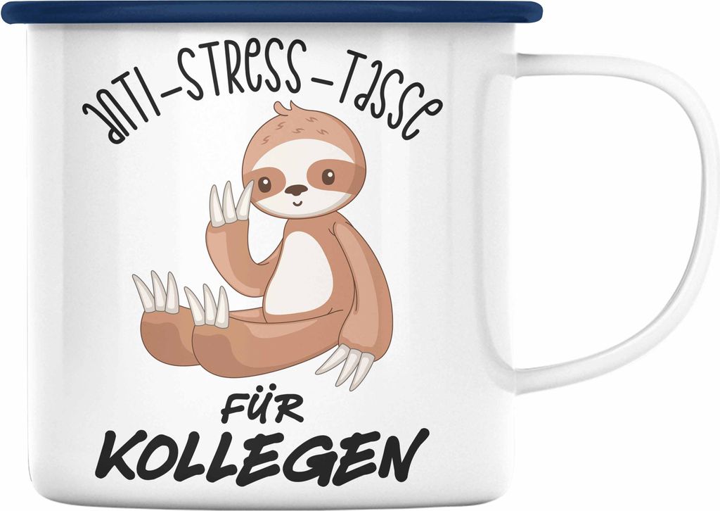 Trendation - Anti Stress Emaille Tasse für Kollegen Lustige Geschenkidee Kollegin Emaille Emaille Tasse Abschied Arbeit Büro (Blau)