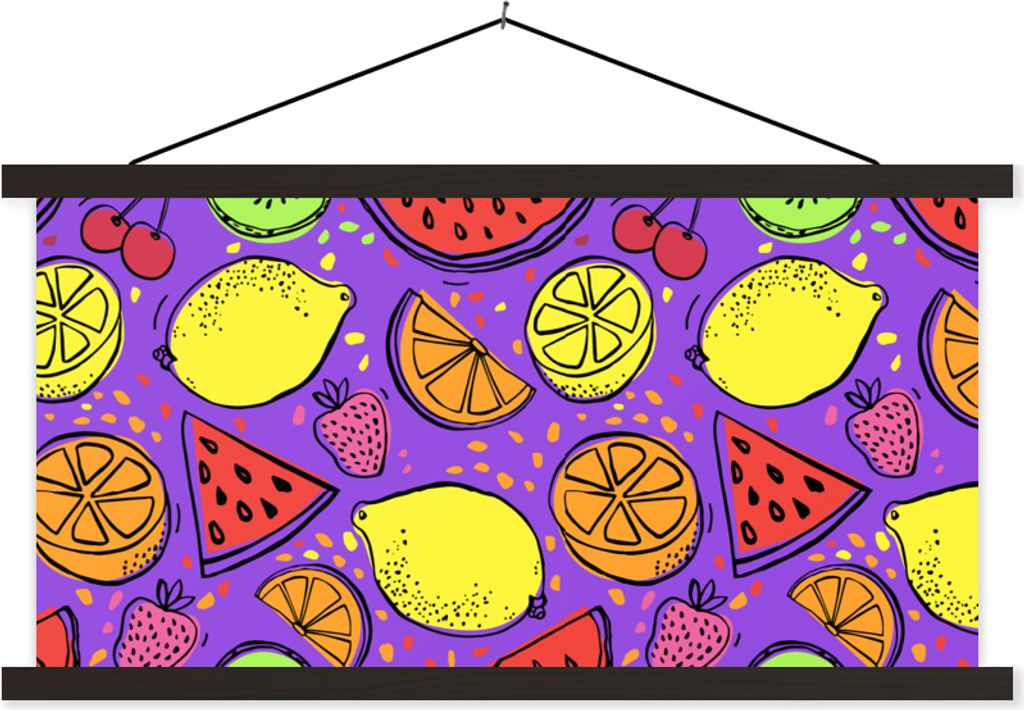 MuchoWow Textilposter Obst - Neon - Lila 90x45 cm mit schwarzem Rahmen - Klemmleisten