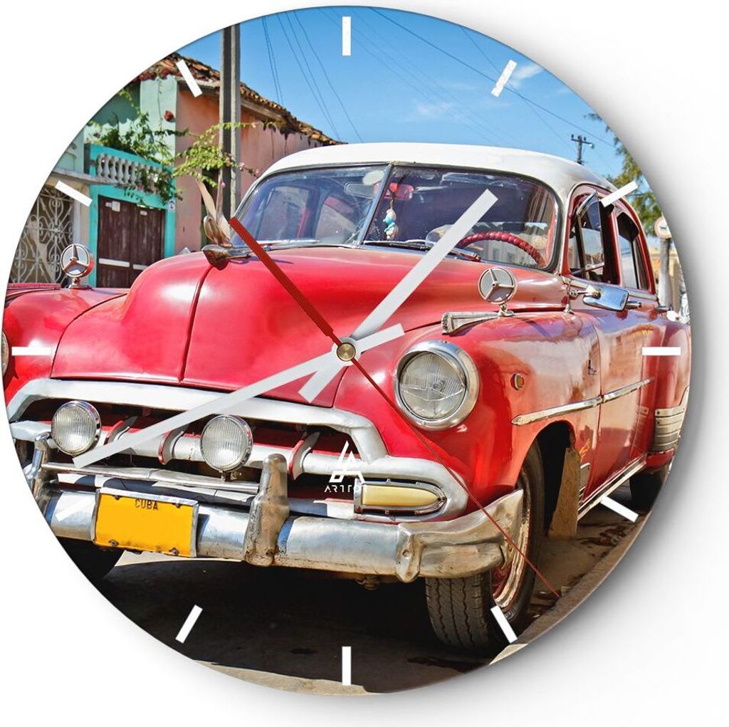 Wanduhr - Rund - Glasuhr - Chevrolet Auto Havanna - 40x40cm - Schleichendes Uhrwerk - Lautlos - zum Aufhängen bereit - Dekoration Modern - Wanddek...