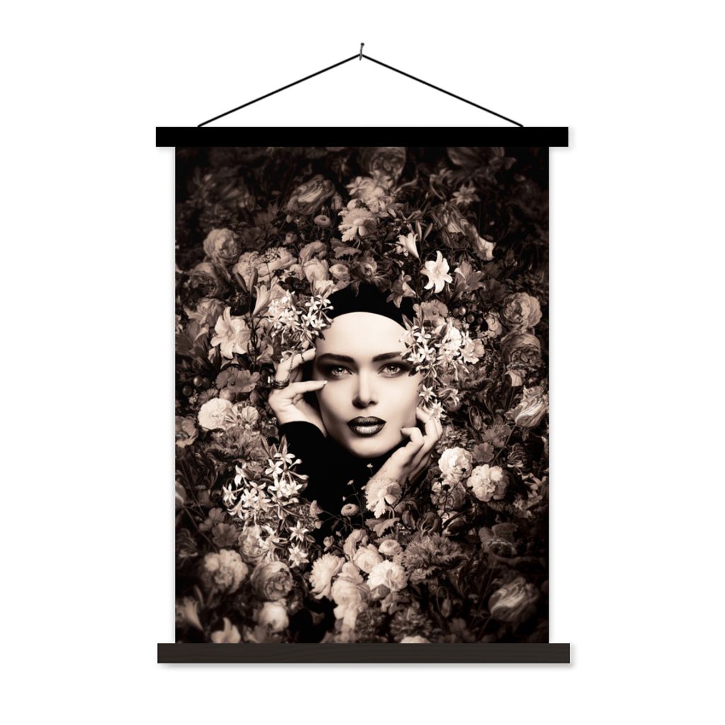 MuchoWow Textilposter Frau - Blumen - Botanisch - Natur 40x53 cm mit schwarzem Rahmen - Abbildung