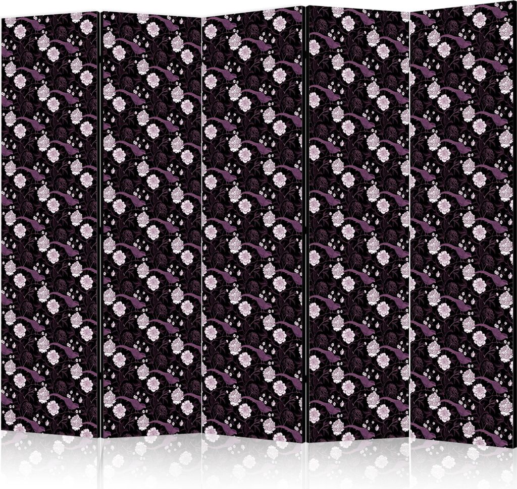 5-teiliger Doppelseitiger Vlies Paravent - Birds Among Flowers - Pheasants Surrounding Peonies - Purple 225x172 cm Blumen b-B-10451-z-b
