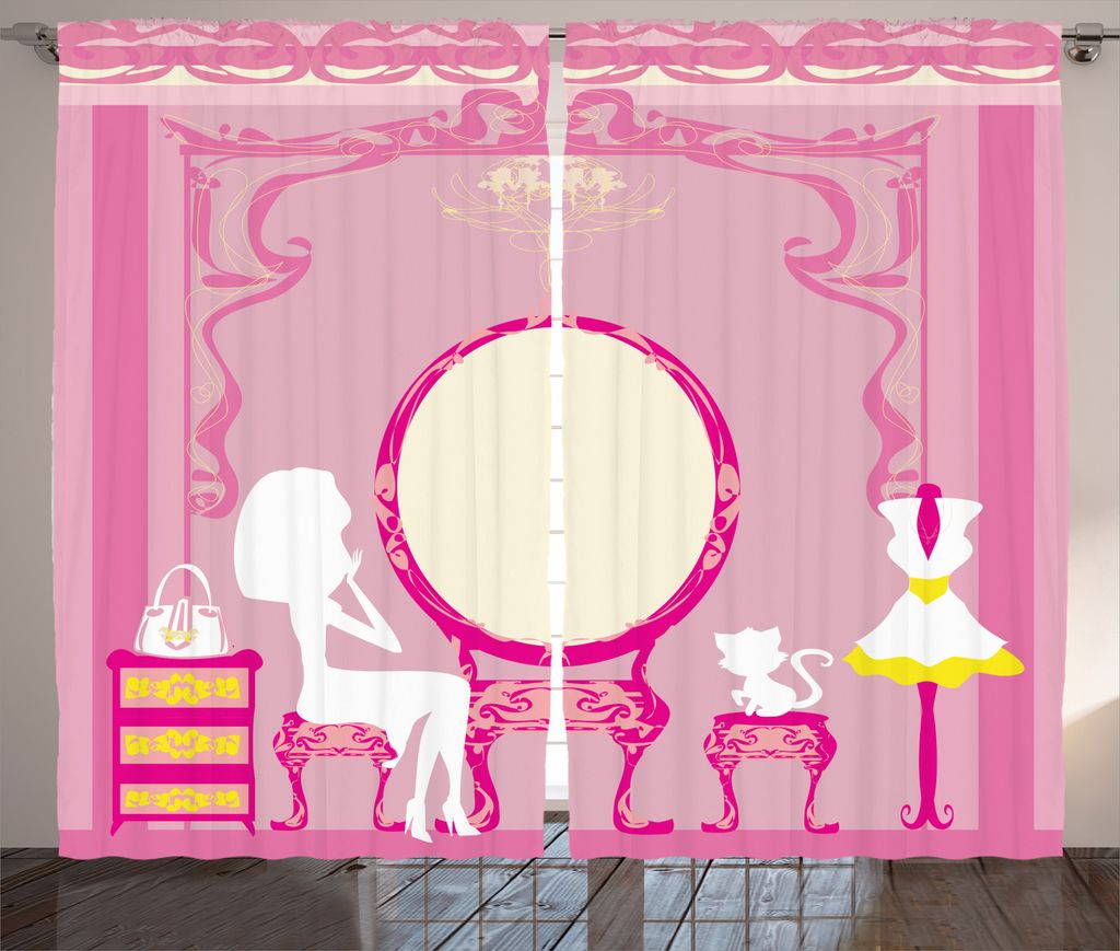 ABAKUHAUS Mode Rustikaler Vorhang, Französisch Lady Cat Spiegel, Wohnzimmer Universalband Gardinen mit Schlaufen und Haken, 280 x 175 cm, Gelb Pink