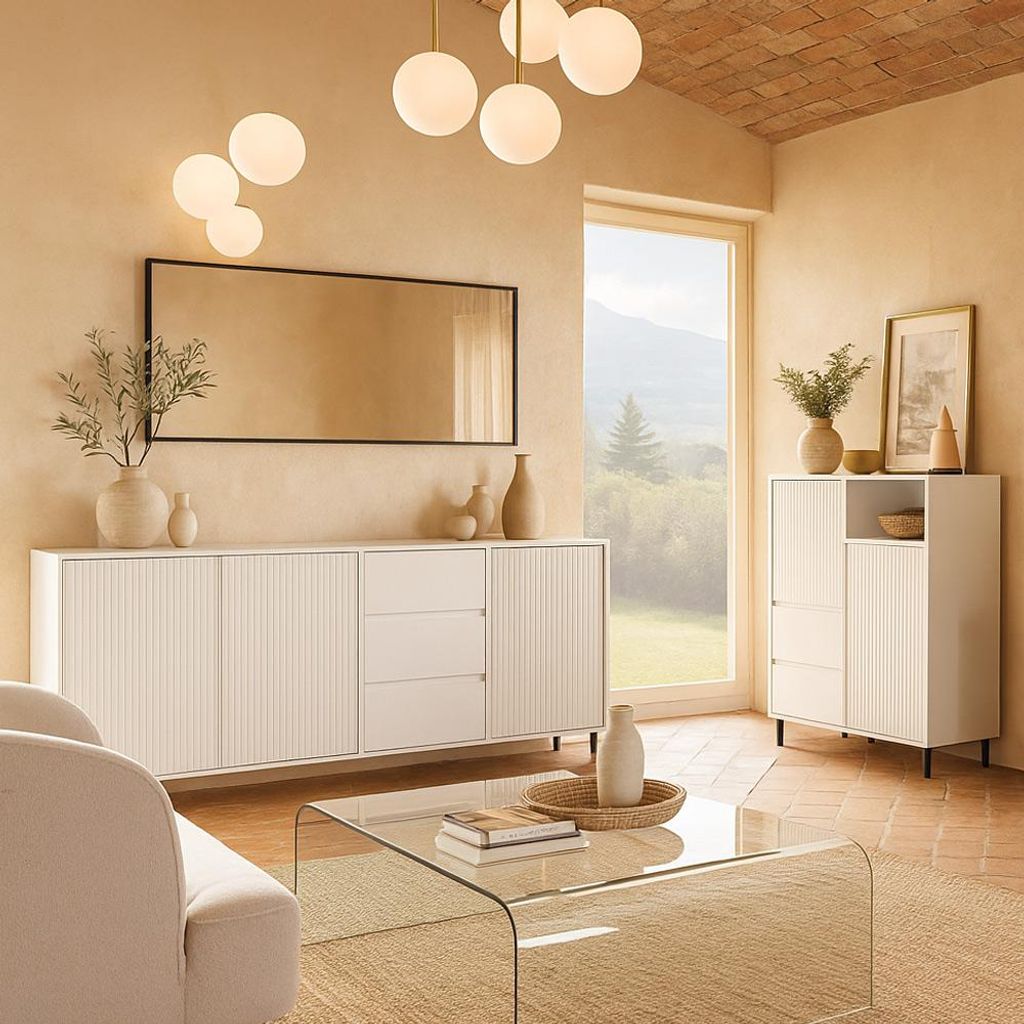 Wohnzimmer Möbel Set in Weiß modern mit Sideboard & Highboard, 2-teilig - AMELIA-129