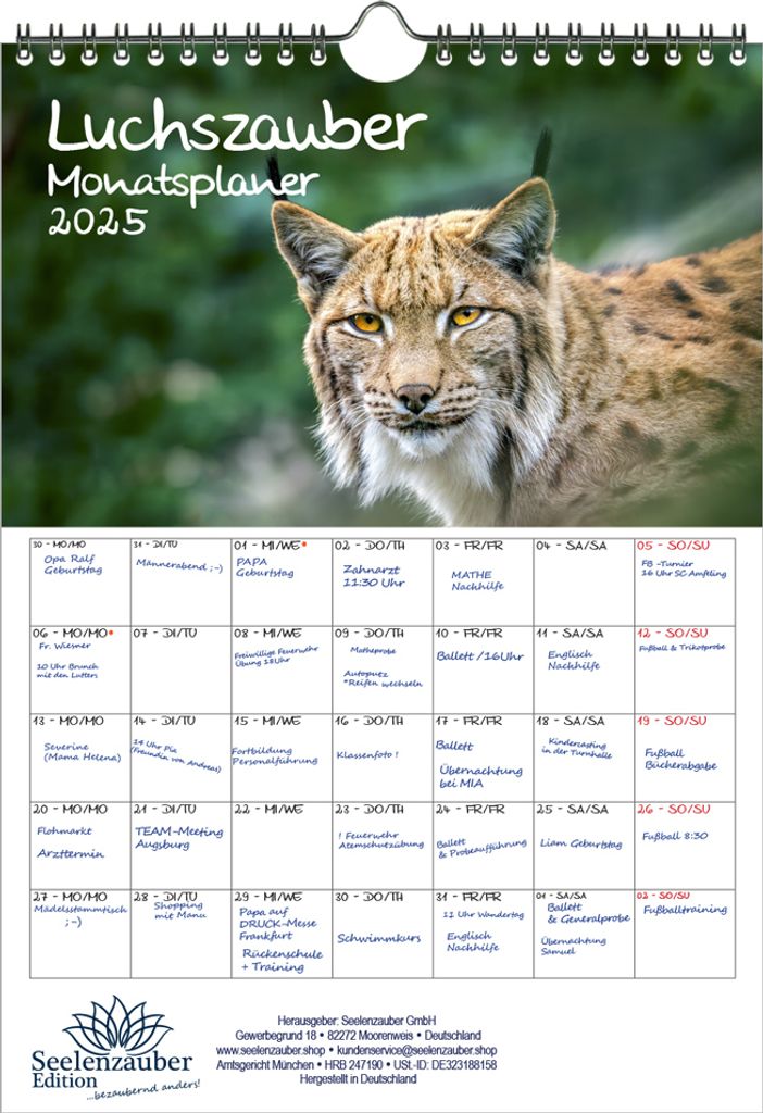 Luchszauber Planer DIN A4 Kalender für 2025 Luchs - Seelenzauber