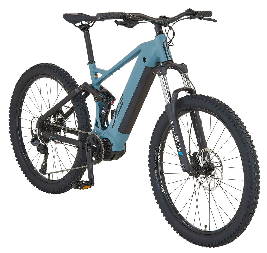 A full-suspension electric mountain bike is shown against a white background.