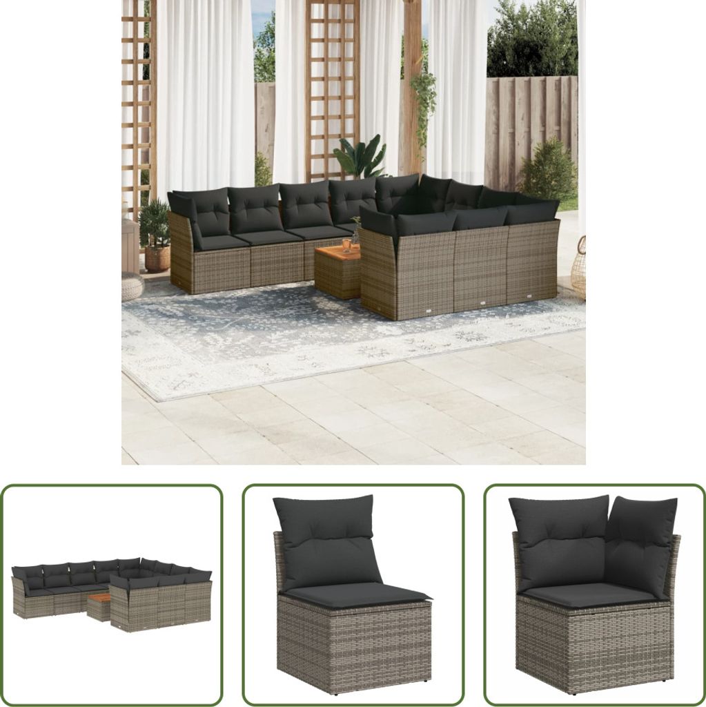 The Living Store 11-tlg. Garten-Sofagarnitur mit Kissen Grau Poly Rattan