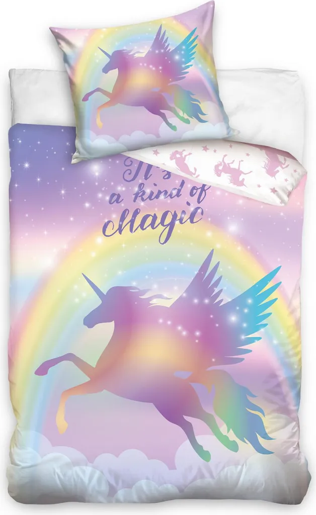 Linge de lit Licorne magique 160x200 pur coton avec motifs arc-en-ciel