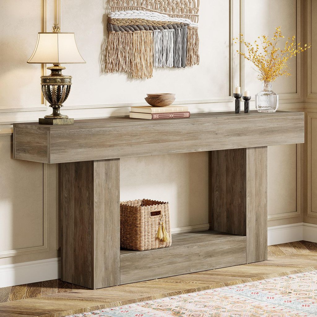 A console table with decorative items in a room.