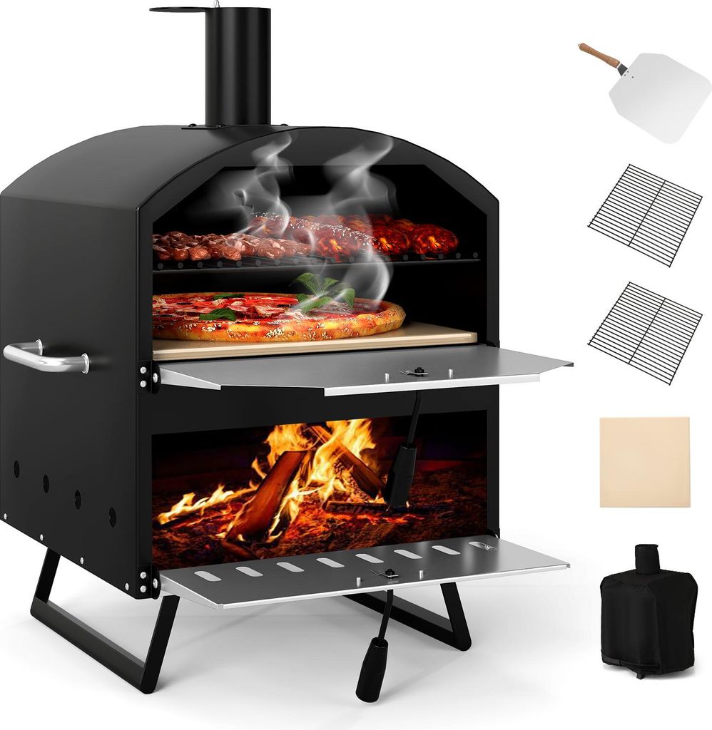 COSTWAY Outdoor Pizzaofen, 2-lagigem Pizza Ofen mit Grillrost, Pizzaschaufel, quadratischem Stein, wasserdichter Abdeckung, Holzofen Brennofen tragbar