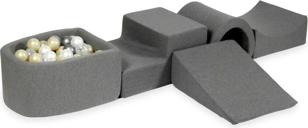 Schaumstoff-Spielset mit Brücke und Mikro-Bällepool – grau mit Bällebadbällen 100 Stück / Hellgold, Perlmutt, Silber, Transparent