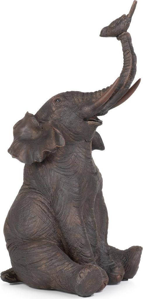 Moritz Deko-Figur Vogel auf Elefantenrüssel verspielt aus Polyresin dunkelbraun Dekorations Idee Standdeko Afrikanische Tierwelt Statue Skulptur