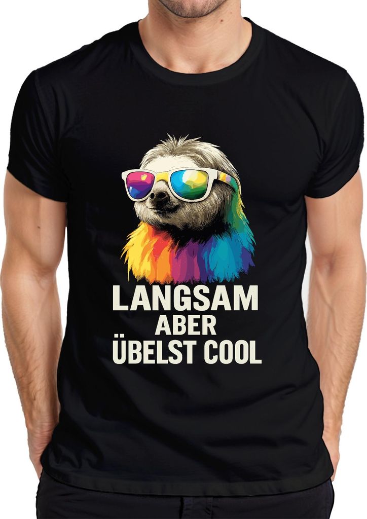 Langsam aber übelst cool Faultier Sonnenbrille Regenbogen Retro Herren T-Shirt, Schwarz, S