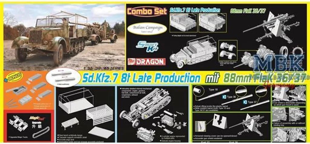 Maquette Sd.KFZ.7 8t Late détaillée avec canon 88mm FlaK 36/37 1:35