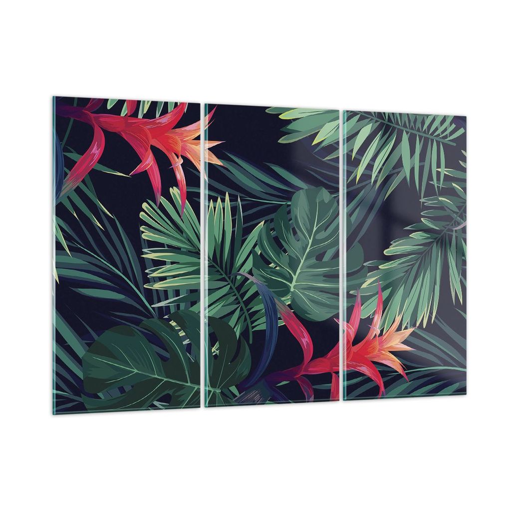 Bilder auf glas - 3 Teile - Exotisch Blumen Blätter - 165x110cm - Glasbilder - Wandbilder - Bilder - zum Aufhängen bereit - Wanddekoration aus Gl...