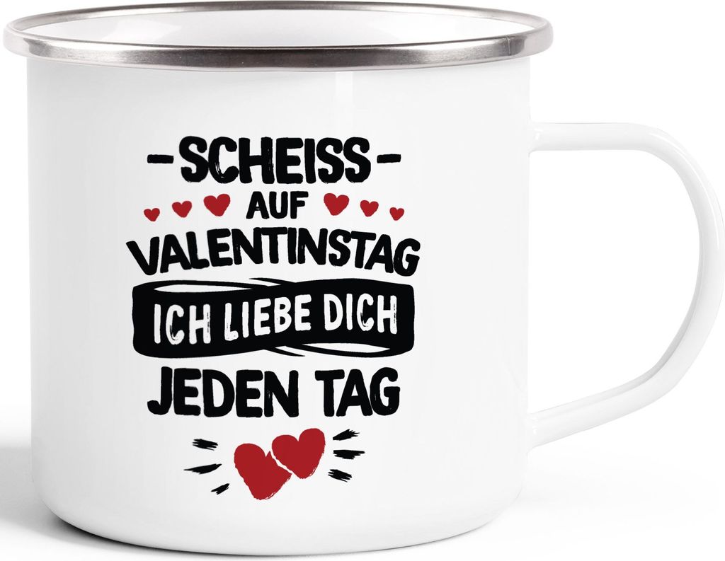Emaille-Becher Scheiss auf Valentinstag Geschenk Sprüche Liebe lustig Liebeserklärung Mann Frau Moonworks weiß-metall Emailletasse