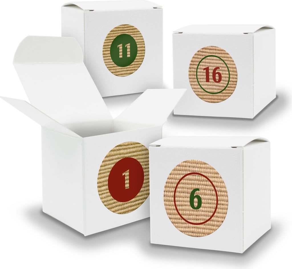 Adventskalender zum Füllen 24x Würfel 6,5cm WEISS + Sticker V04 Z10