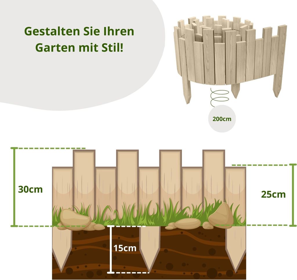 Floranica Beeteinfassung Rasenkante Holz Rollzaun Holzzaun 200 x 30 cm Unbehandelt unimprägniert Flexible Rollborder Palisade Gartenzaun