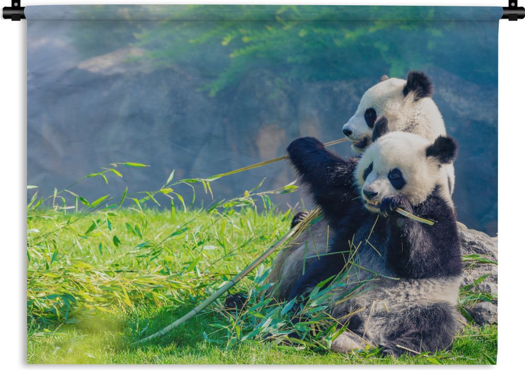 MuchoWow Wandteppich Wandbehang Panda - Bambus - Gras - Tiere 90x67.5 cm Tapisserie Dekoration Wandtuch - Fototeppich - Wand-Skulpturen