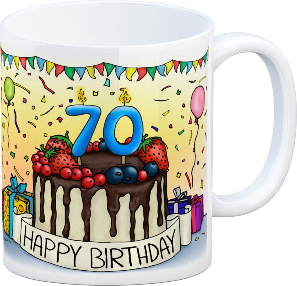 70. Geburtstag Tasse mit Kuchen und Geschenk und Anhänger: zum 25568. Tag