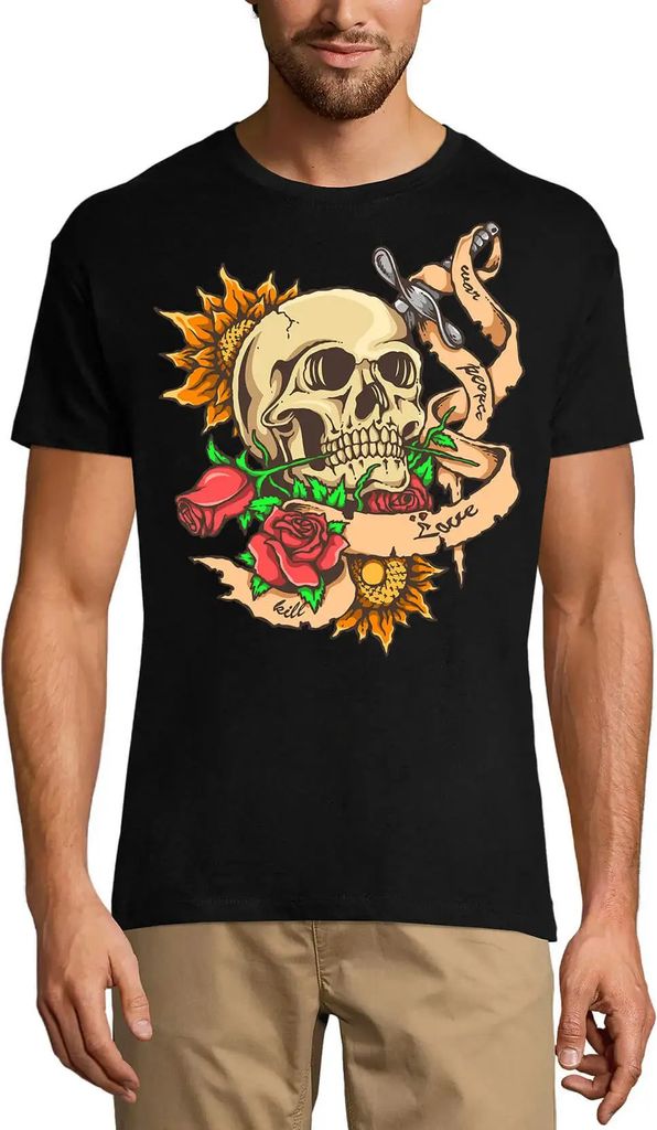 Herren Grafik T-Shirt Krieg Frieden Liebe töten - gruseliger Schädel – War Peace Love Kill - Scary Skull – Öko-Verantwortlich Vintage Jahrga...