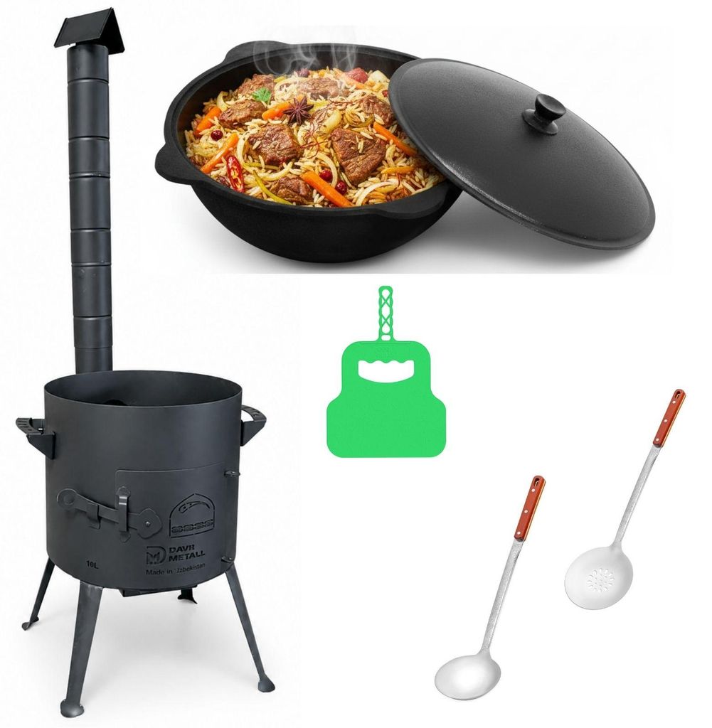 Ø36cm Uchag 2mm Stahl mit Abzugsrohr 10L Kazan Gusseisen Utschak Utschag Feldküche Kasan Feuerstelle Campingofen Außenküche Eintopfofen mit Sch...