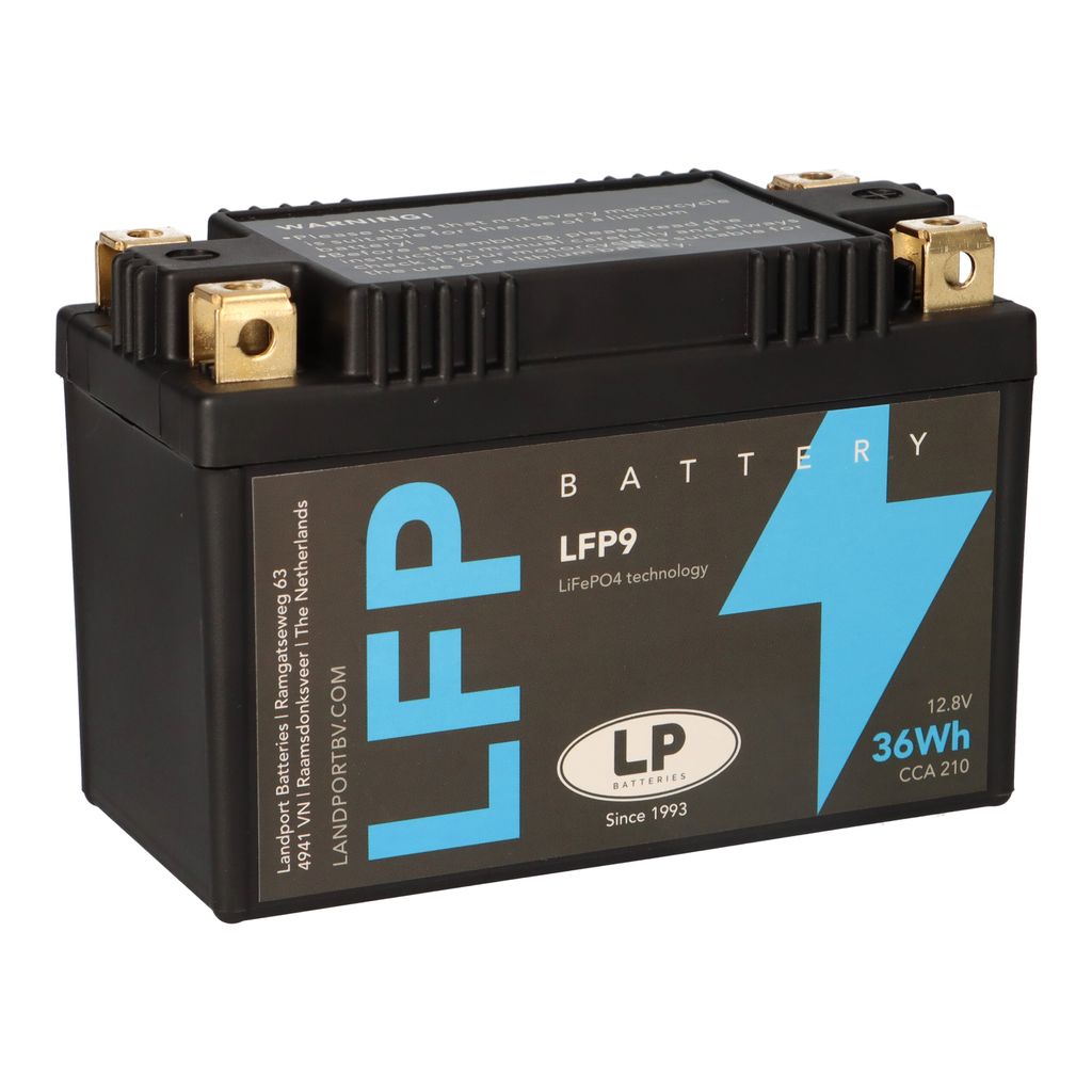 A black battery with blue and white labeling, shown from a slightly elevated front-left angle on a white background.