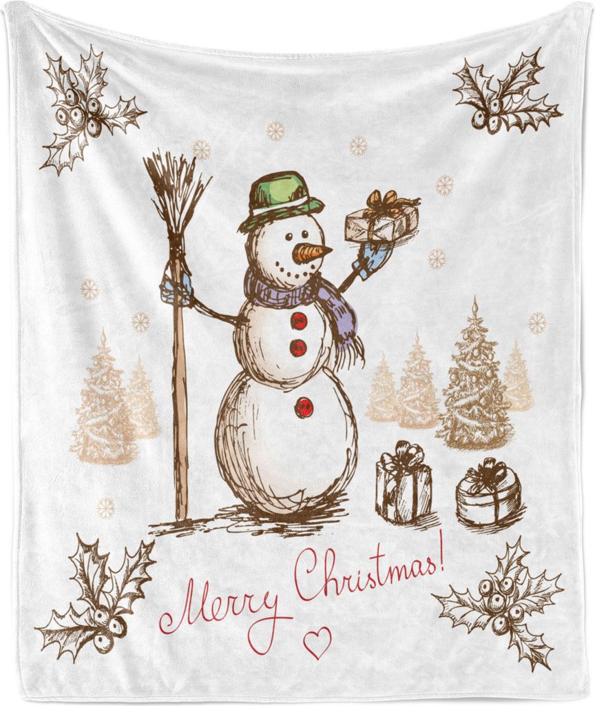ABAKUHAUS Schneemann Weich Flanell Fleece Decke, Hand Drawn Wie Frohe Weihnachten Beschriftung und Outdoor-Winter-Elemente Bäume, 175 x 230 cm, Me...