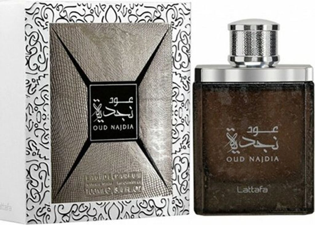 A perfume bottle and its packaging are displayed side-by-side against a white background.
