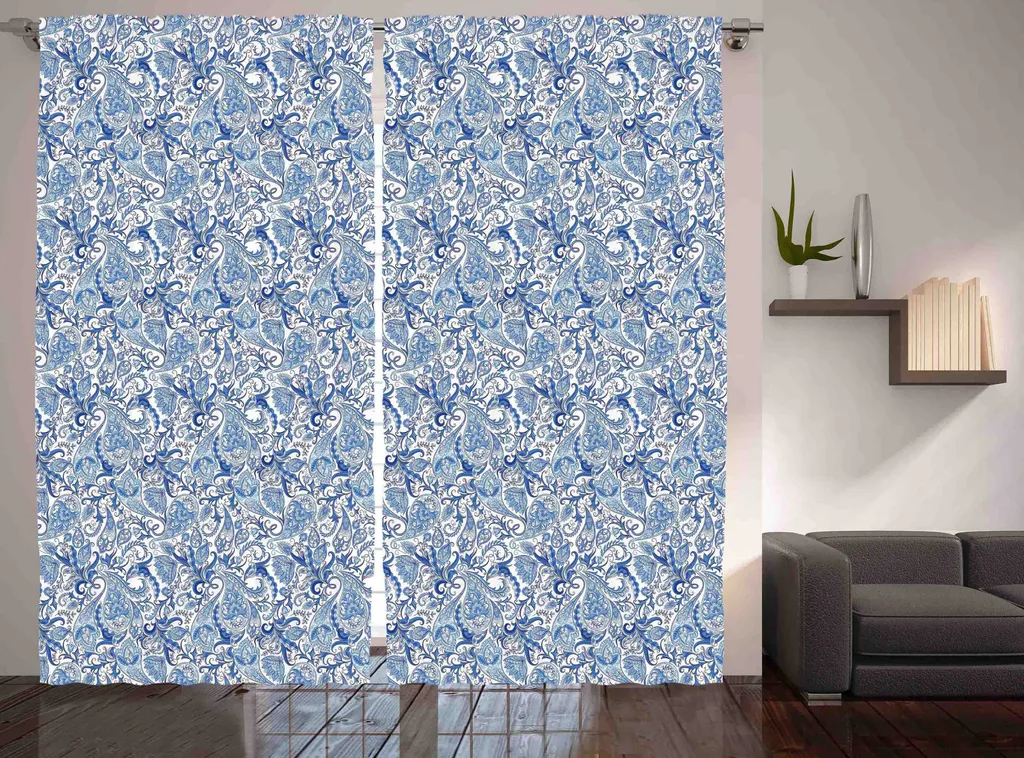 Rideau bleu clair rustique 280x225 cm avec boucles et crochets inclus