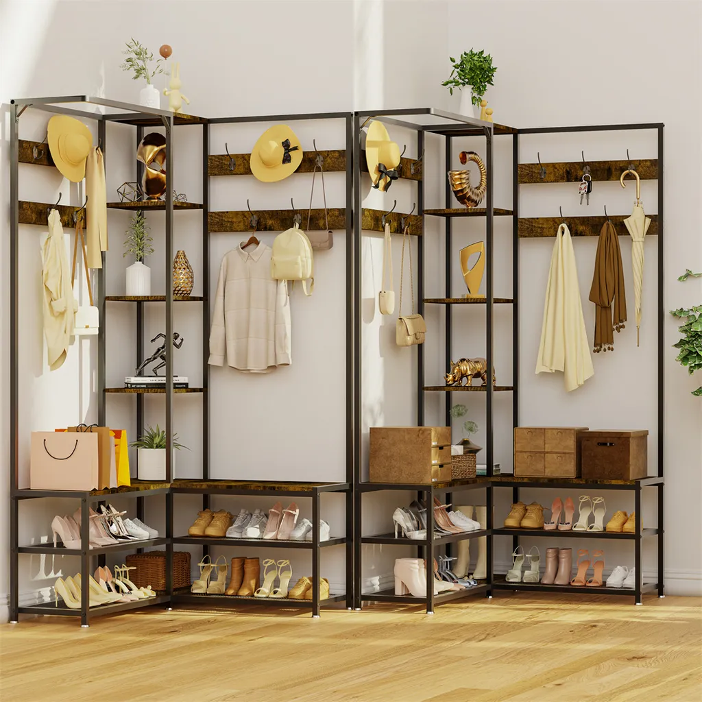 Meuble d'entrée industriel 146cm avec étagère à chaussures et 10 hooks
