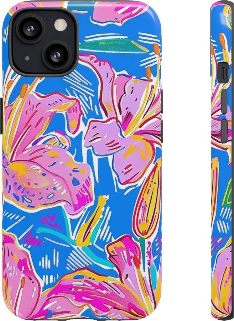 Glänzendes Blumenmuster in Pink und Gelb – Hülle Kompatibel mit iPhone 13