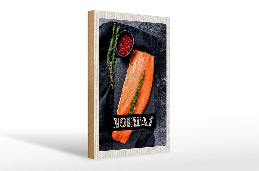 Holzschild Reise 20x30cm Norwegen Delikatese Lachs Thymian