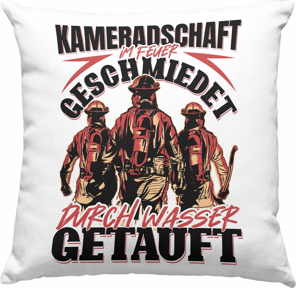 Trendation - Feuerwehr Deko-Kissen mit Füllung 40x40 Geschenke Zubehör Lustig Einsatz Geburtstag Spruch Durch Wasser Getauft (Blau)