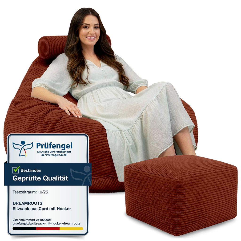 Dreamroots Bean Bag 90x90x100 cm Sitzsack mit Lehne und Hocker und Bezug Sitzkissen Boden Chill Sack Bubibag Sitzsack Sitzsack mit Füllung, Indian...