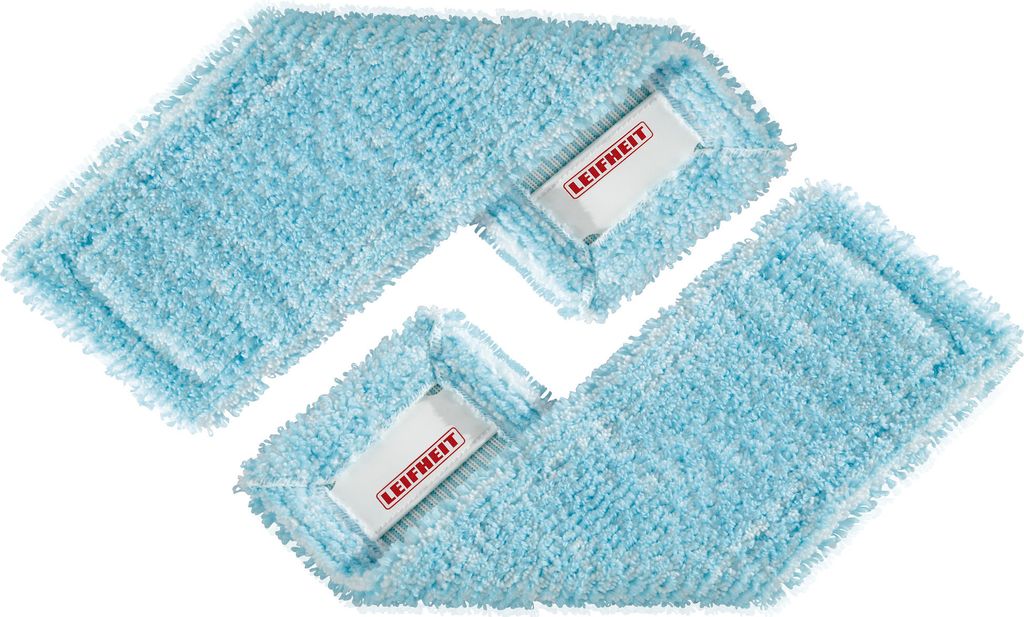 Two blue mop heads with white labels are arranged diagonally on a white background.