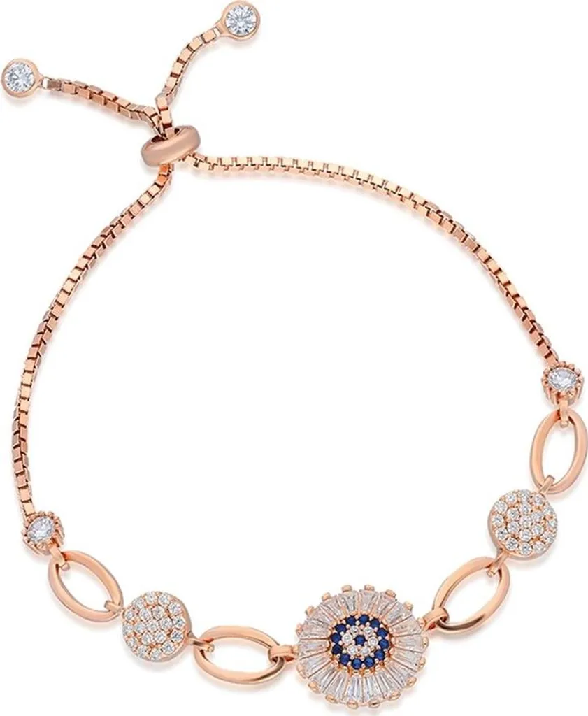 Bracelet ajustable Nazar en argent doré rose et zircone baguette