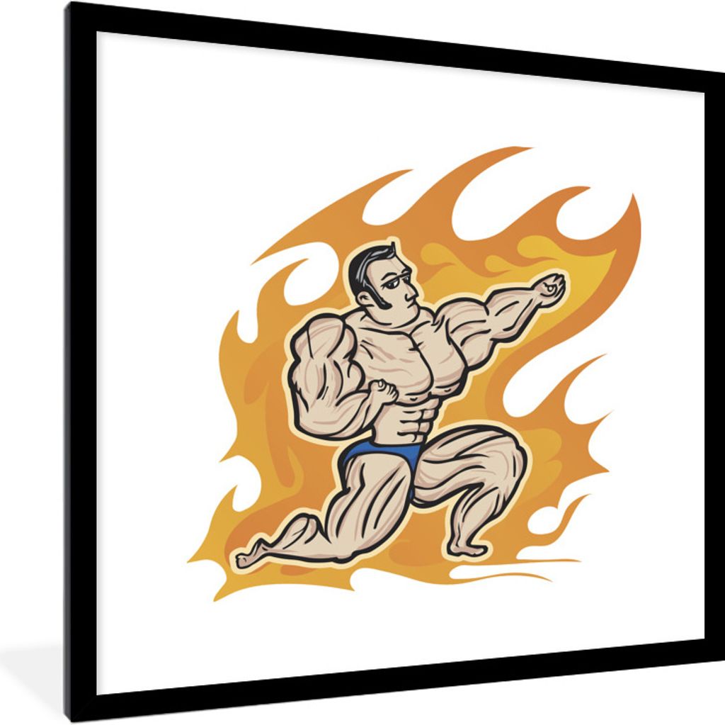 MuchoWow Gerahmtes Poster Eine Illustration eines Bodybuilders in einer Flamme 40x40 cm - Poster mit Schwarzem Bilderrahmen Wandposter Rahmen Fot...
