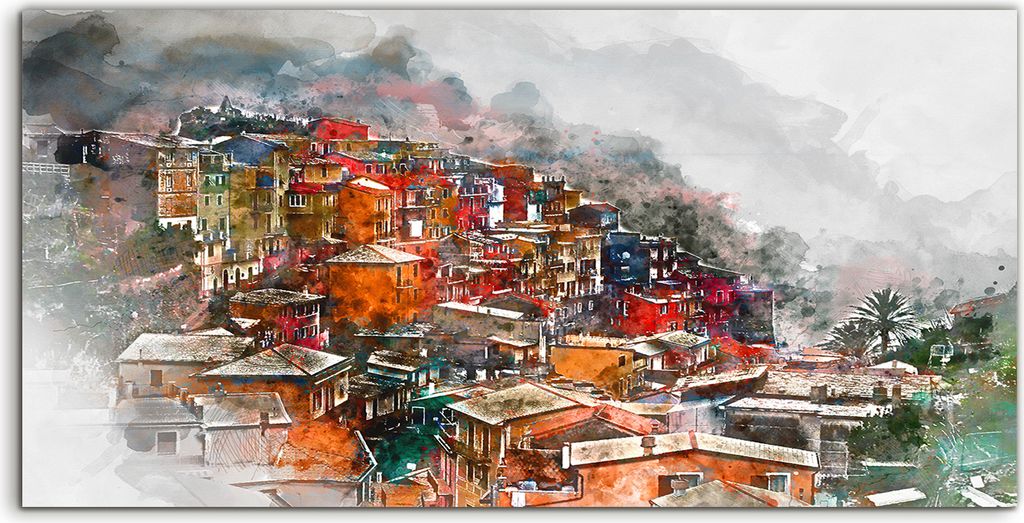 Coloray Acrylbild 100x50 Wandbild Acrylbilder Dorf Stadt Gebäude bunte Landschaft