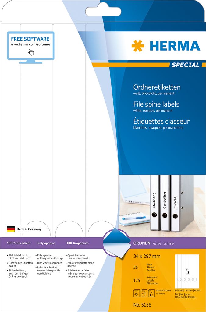 Ordneretiketten A4 weiß 34x297 mm Papier matt blickdicht 125 St.